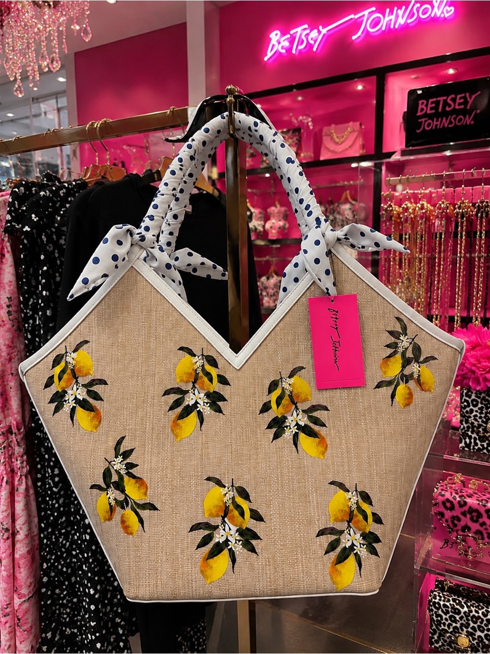 Betsey Johnson Beige Straw Tote with Yellow Lemon Print and Polka Dot Handles
